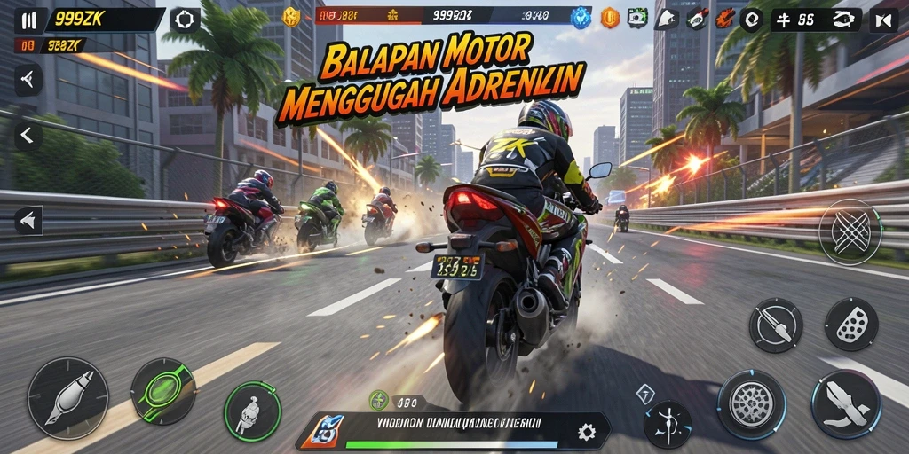 Gameplay balapan motor yang mengasyikkan dan mendebarkan.