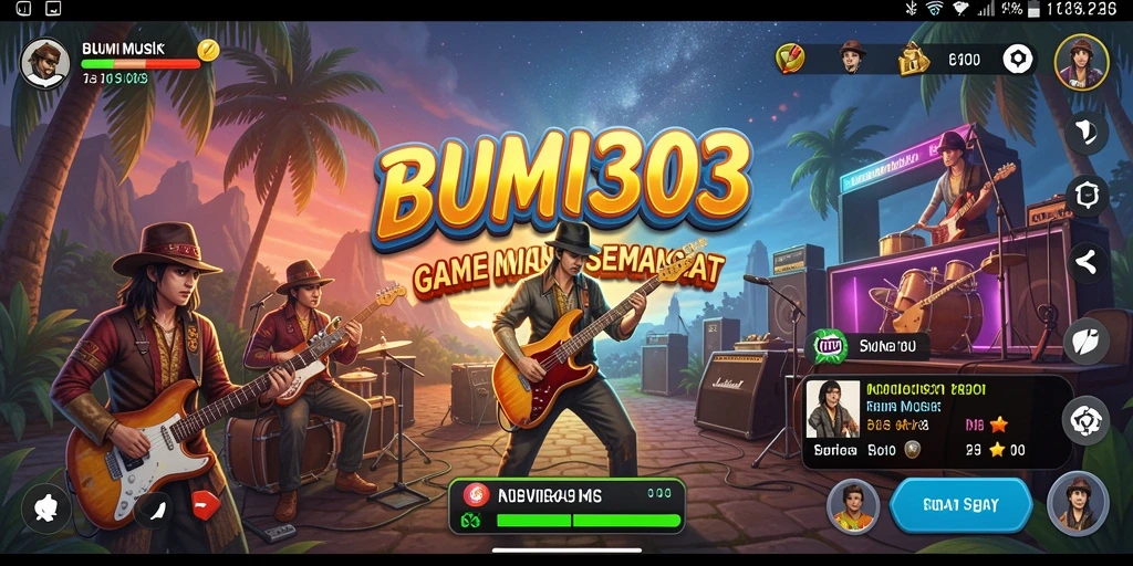 Tampilan gameplay BUMI303 dengan antarmuka menarik dan lagu-lagu seru.