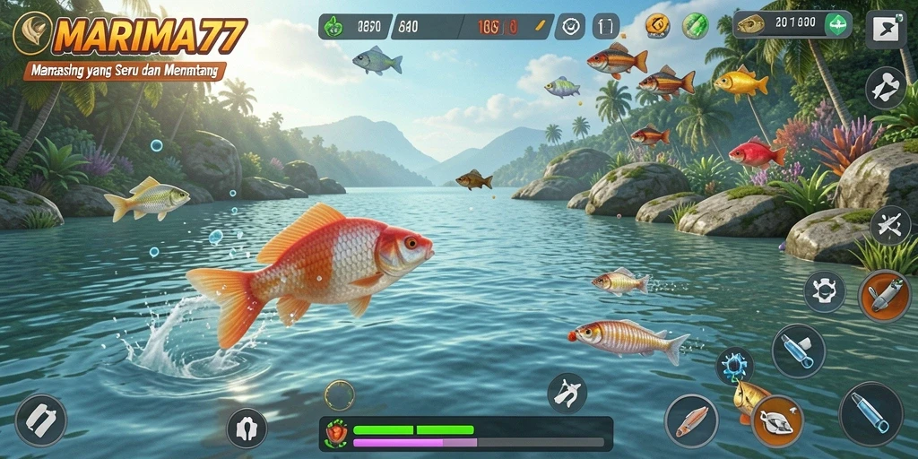 Tampilan gameplay <strong>MARIMA77</strong> dengan aksi memancing yang seru dan grafis menawan.