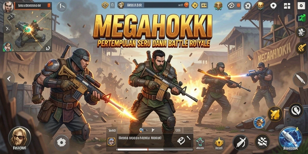 Tangkapan layar utama MEGAHOKI menampilkan aksi seru dalam pertarungan Battle Royale.