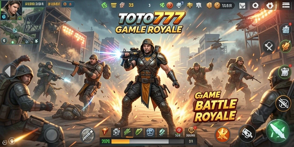 Screenshot TOTO777 menampilkan aksi seru dalam pertempuran Battle Royale.